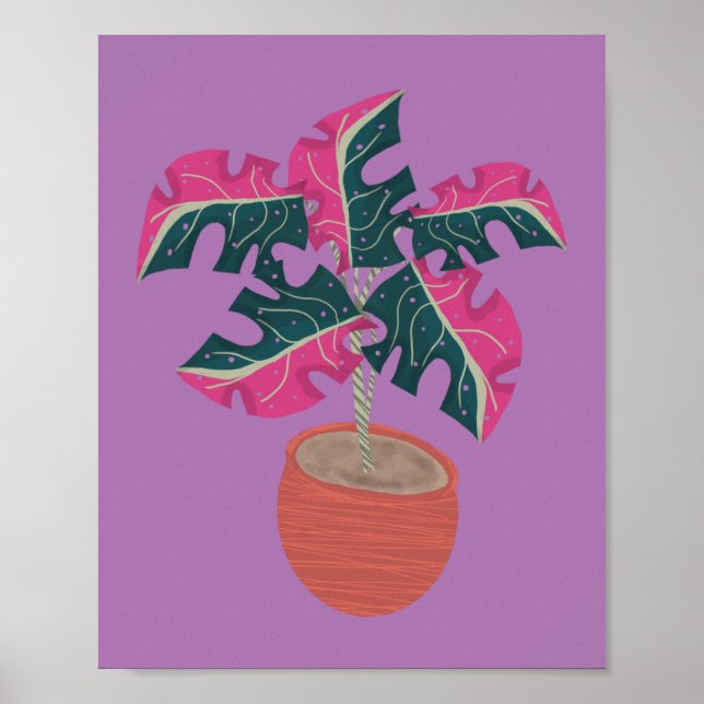 Póster Planta Monstera Rosa Dibujada a Mano (Frente)