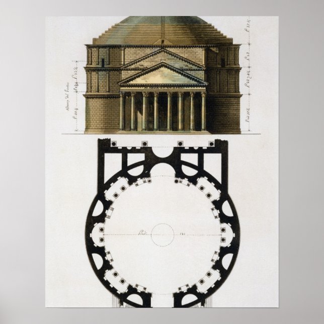 Póster Planta terrestre y fachada del Panteón, Roma, desd (Frente)