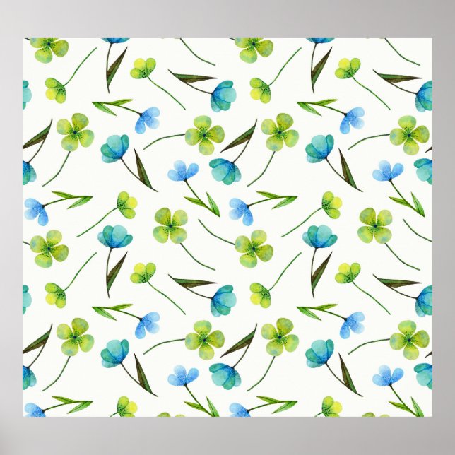 Póster Plantas acuarelas: Patrón floral sin foco. (Frente)