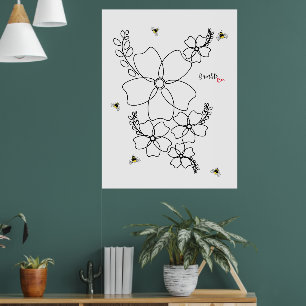 Póster Plantas coloridas y acuarela de abejorro