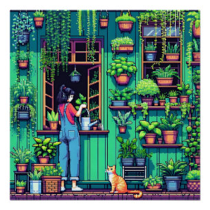 Póster Plantas de arte y gato píxeles personalizadas