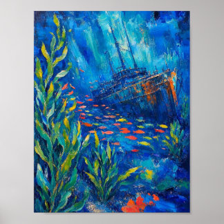 Póster plantas de océano peces barco hundido Pintura abst