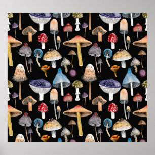 Póster Plantas forestales: setas acuarelas, hojas patas