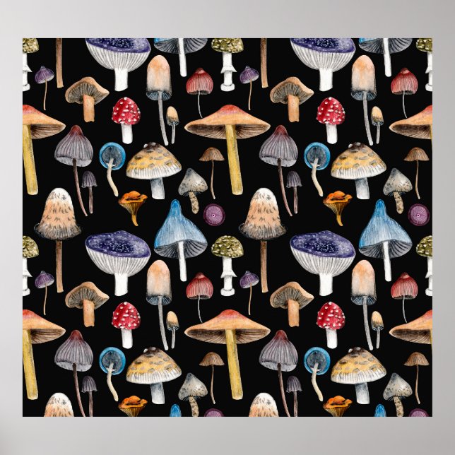 Póster Plantas forestales: setas acuarelas, hojas patas (Frente)