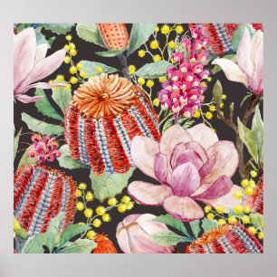 Póster Plantas tropicales australianas, patrón de acuarel