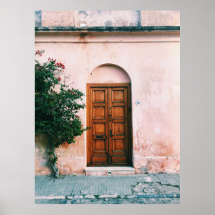 PÓSTER PLANTAS VERDES JUNTO A LA PUERTA DE MADERA MARRÓN