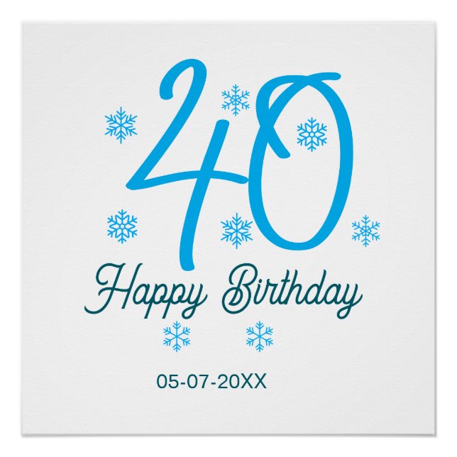 Póster plantilla azul de 40 cumpleaños agregar nombre fec (Anverso)