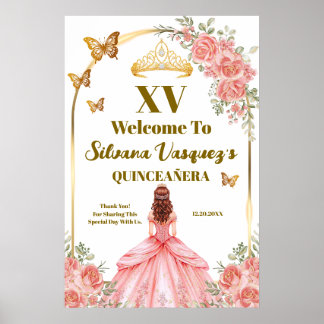 Póster Plantilla de bienvenida Quinceañera Rosa Rubor