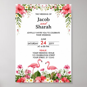 Póster Plantilla de boda de flores tropicales y flamencos