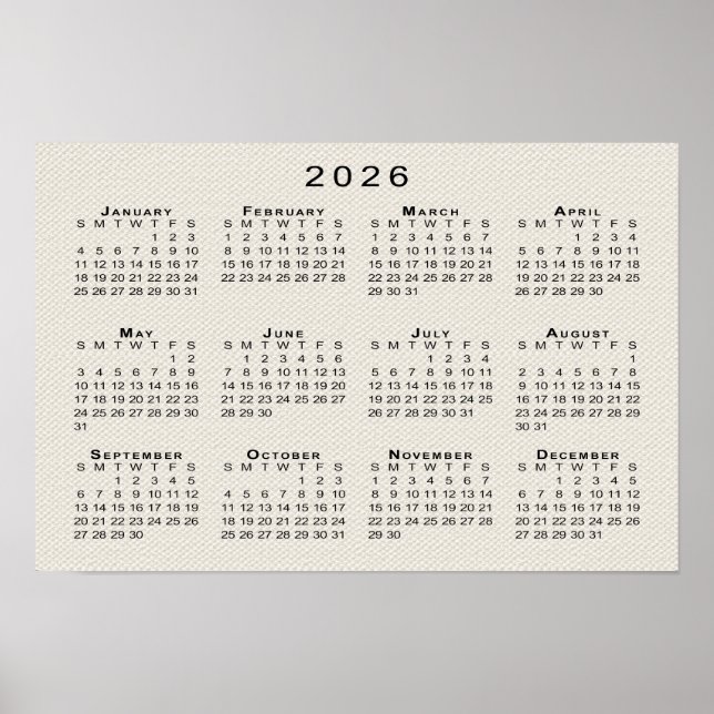 Póster Plantilla de calendario 2026 con textura de lienzo (Frente)