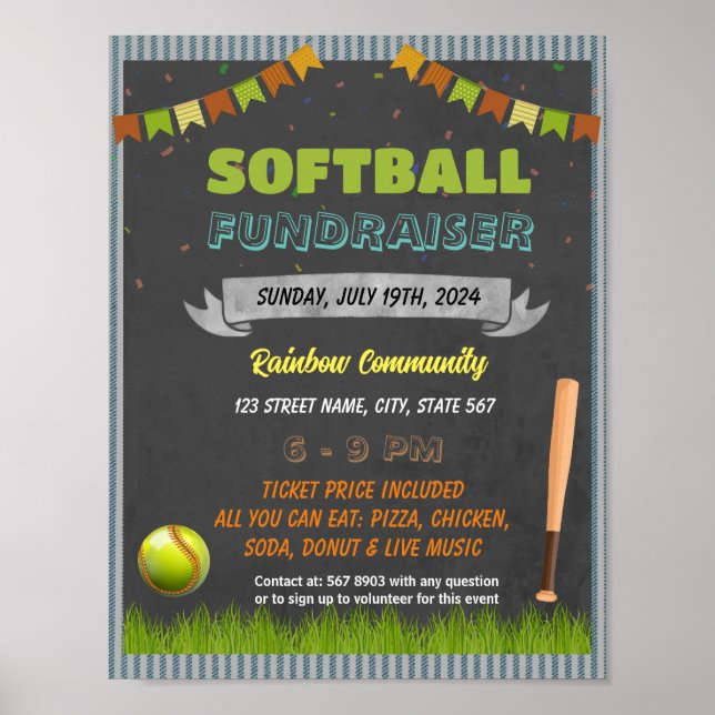Póster Plantilla de evento Softball Fundraiser (Frente)