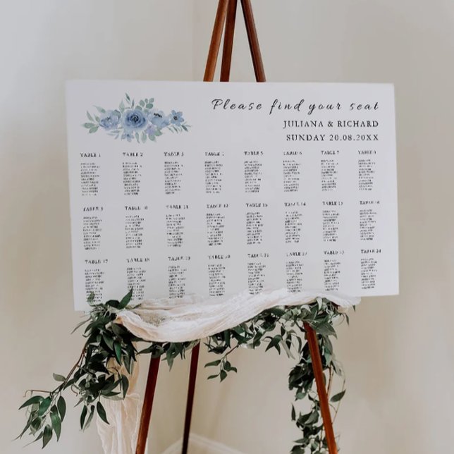Póster Plantilla de gráfico de asientos de Boda azul (Blue Wedding Seating Chart Template)