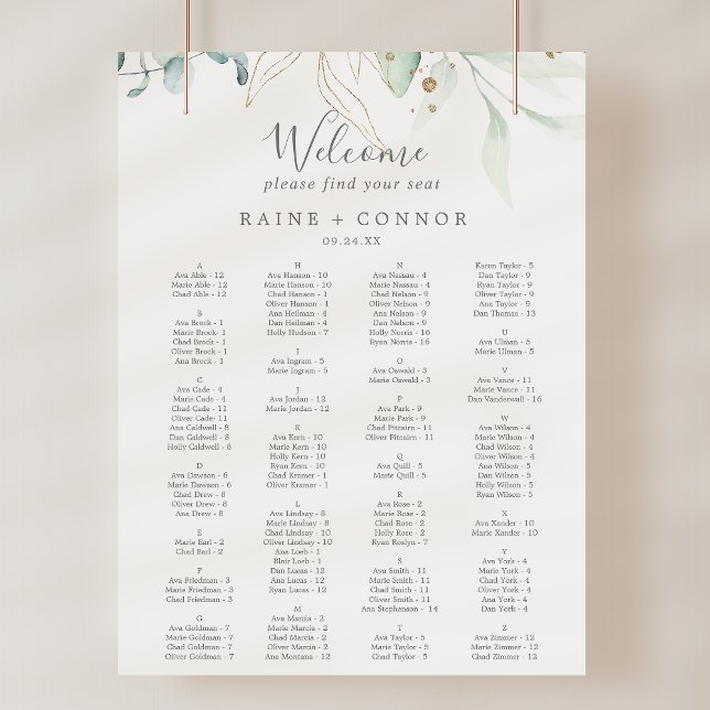 Póster Plantilla de gráfico de asientos de Boda de oro de (Airy Greenery Gold Wedding Seating Chart Template)