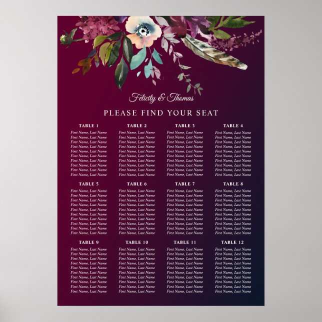 Póster Plantilla de gráfico de asientos de Boda floral de (Frente)