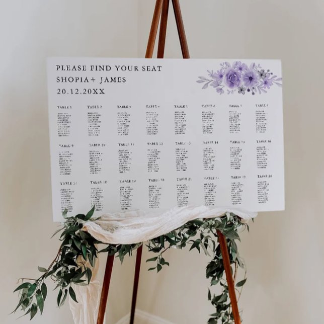 Póster Plantilla de gráfico de asientos de Boda púrpura (Purple Wedding Seating Chart Template)