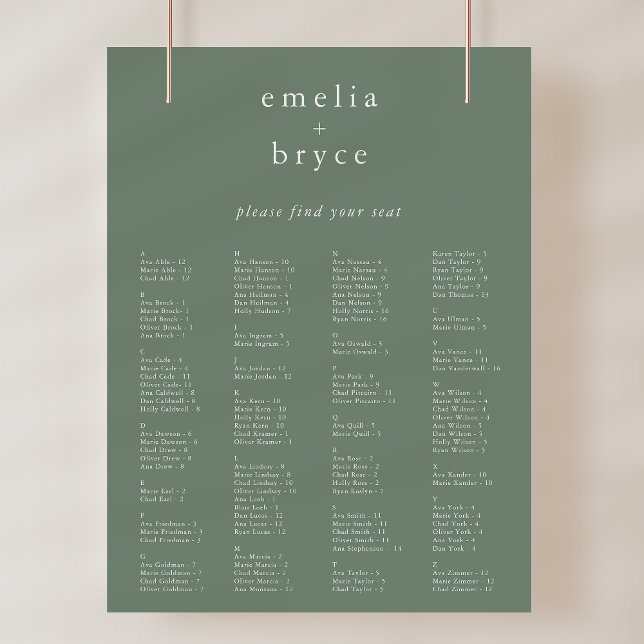Póster Plantilla de la tabla de asientos de Boda moderna  (EMELIA Sage Modern Wedding Seating Chart Template)
