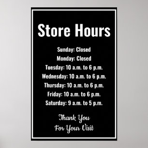 Póster Plantilla de Negocio Horario de la Tienda Negro y