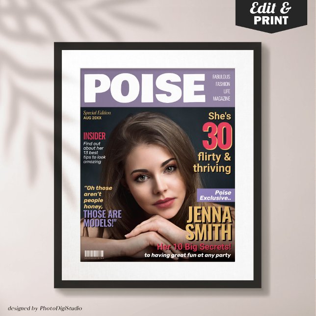Póster Plantilla de portada de la revista Poise 30th Birt (Custom Poise Magazine Cover Template, Thirty Flirty & Thriving 30th Birthday Poster Gift )