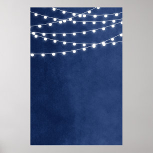 Póster Plantilla de Rótulo Boda de luces de cadena azul d