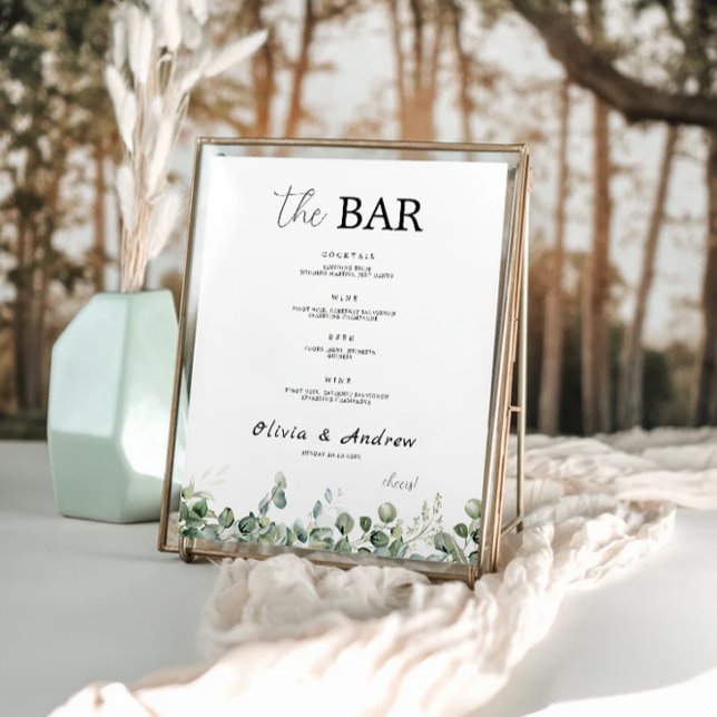 Póster Plantilla de Rótulo de menú de barra Boda de verde (Greenery Wedding Bar Menu Sign Template)