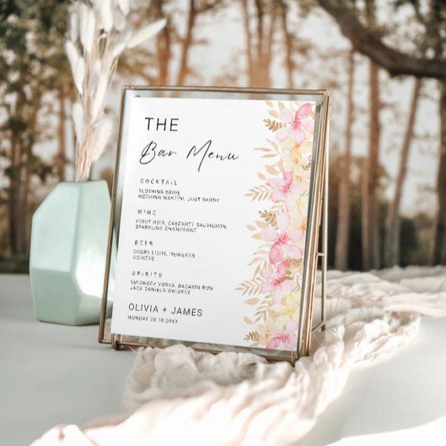Póster Plantilla de Rótulo del menú Barra Boda Rosa (Rose Wedding Bar Menu Sign Template)