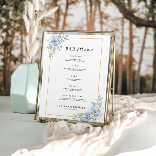 Póster Plantilla de Rótulo del menú Barra de Boda azul (Blue Wedding Bar Menu Sign Template)
