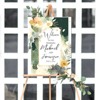 Póster Plantilla de signo de bienvenida boda, Floral rosa