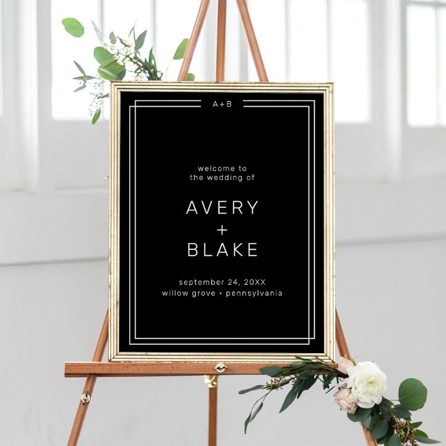 Póster Plantilla de signo de bienvenida de Boda negro AVE (AVERY Modern Black Wedding Welcome Sign Template)