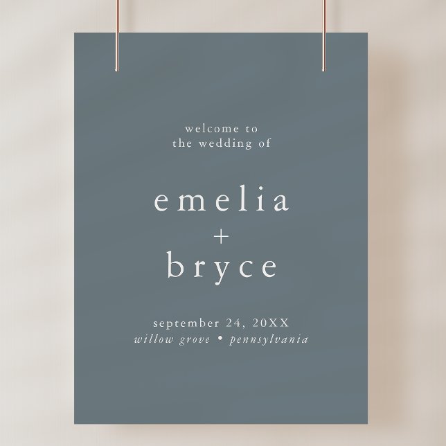 Póster Plantilla de signo de bienvenida de Boda simple de (EMELIA Navy Simple Wedding Welcome Sign Template)