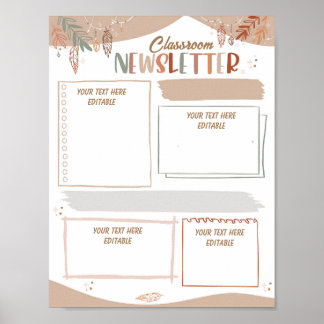 Póster Plantilla editable del boletín escolar Boho