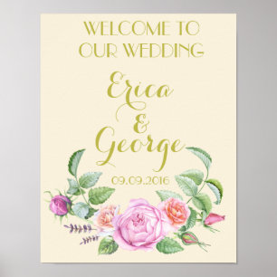 Póster Plantilla rosa floral signo de bienvenida boda Imp