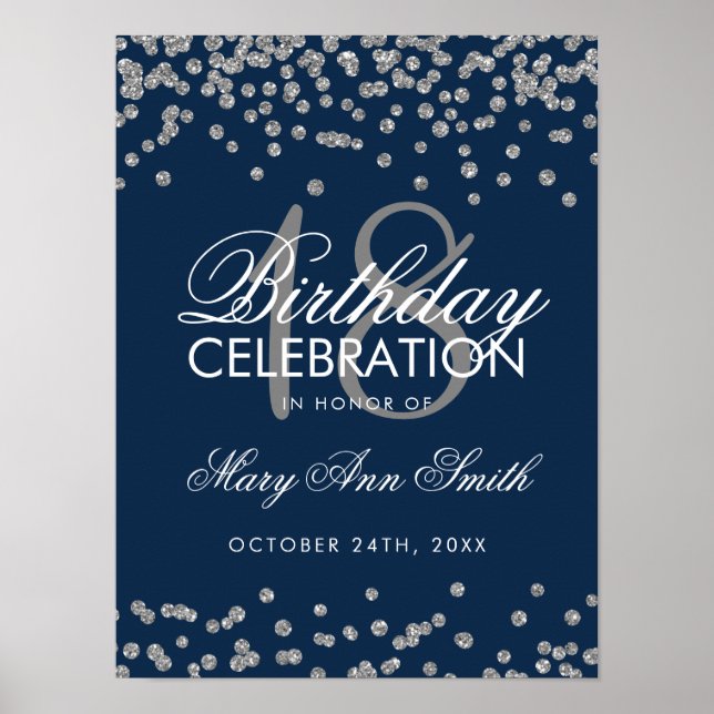Póster Plata 18 cumpleaños Purpurina Faux Confetti Navy (Frente)