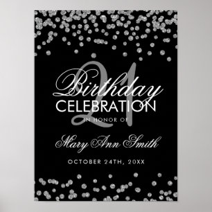 Póster Plata 21 cumpleaños Faux Purpurina Confetti Black