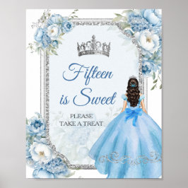 Póster Plata Floral Azul Quinceañera Quince es dulce
