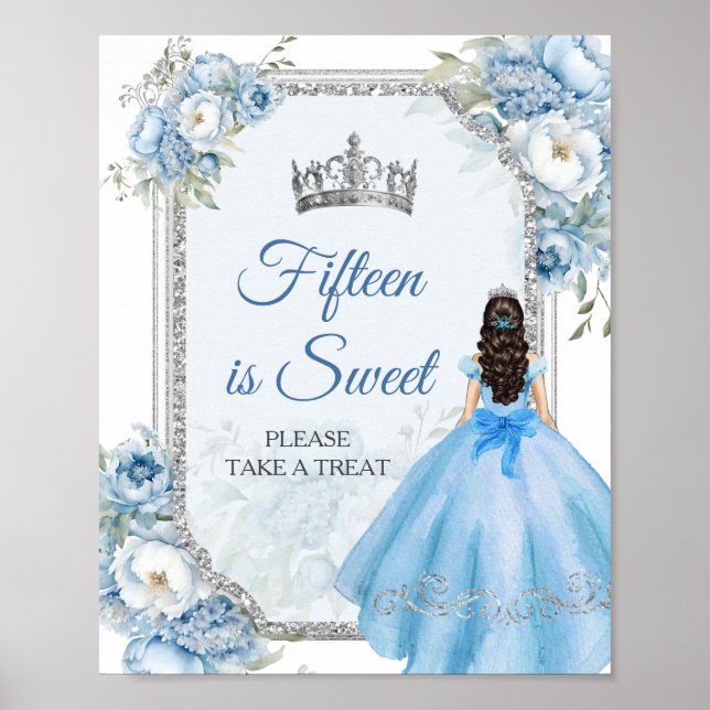 Póster Plata Floral Azul Quinceañera Quince es dulce (Frente)