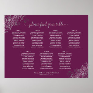 Póster Plata y Cassis 7 Tabla de asientos Boda de mesa