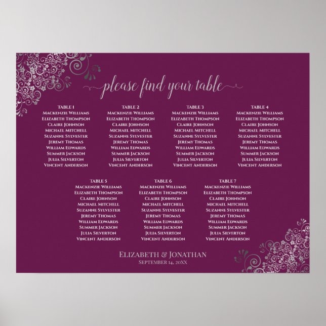 Póster Plata y Cassis 7 Tabla de asientos Boda de mesa (Frente)
