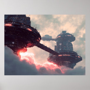 Póster Plataformas futuristas en las nubes al anochecer
