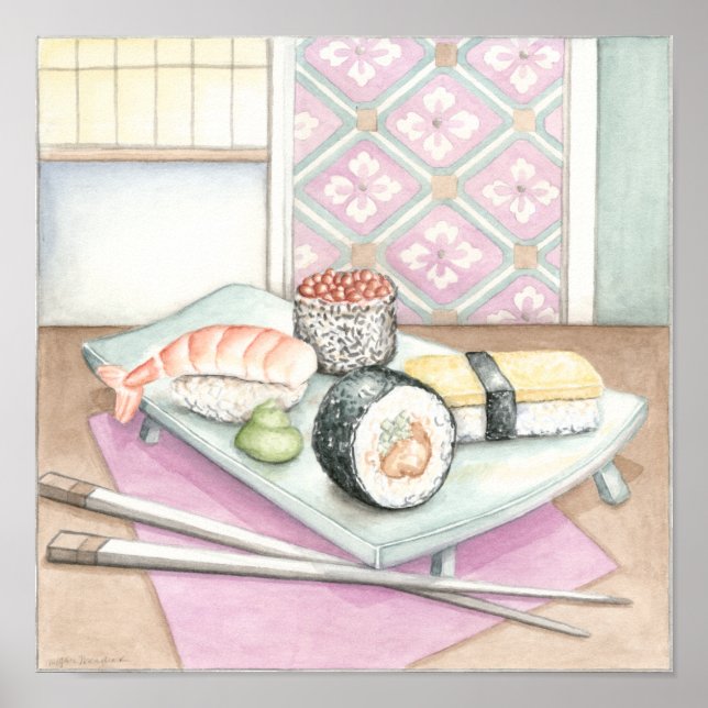 Póster Plate of Assorted Sushi with Chopsticks (Frente)