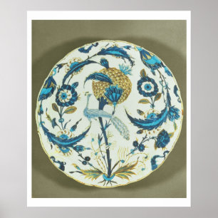 Póster Plato de Iznik pintado con un pavo real encaramado