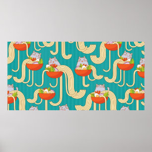 Póster Platos de fideos y gatos divertidos. Fideos con sp