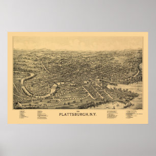 Póster Plattsburgh, Mapa Panorámico de Nueva York - 1899