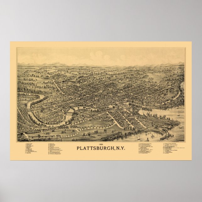 Póster Plattsburgh, Mapa Panorámico de Nueva York - 1899 (Frente)