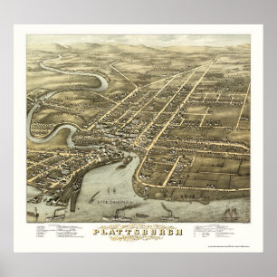 Póster Plattsburgh, mapa panorámico de NY - 1877