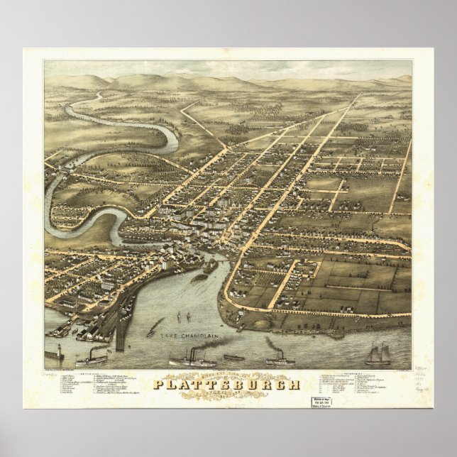 Póster Plattsburgh New York 1877 Mapa Panorámico Antiguo (Frente)
