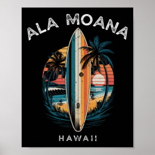 Póster Playa Ala Moana Hawái Hombres Mujeres Surfing 