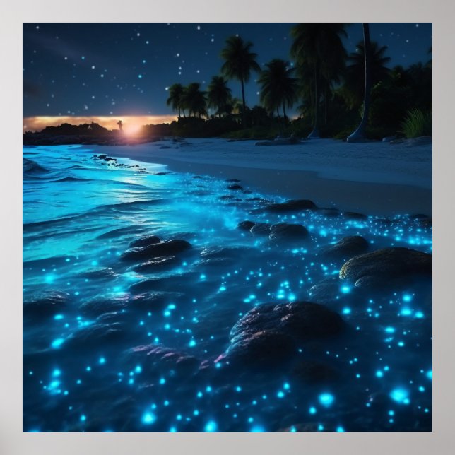Póster Playa azul bioluminiscente y palmeras (Frente)
