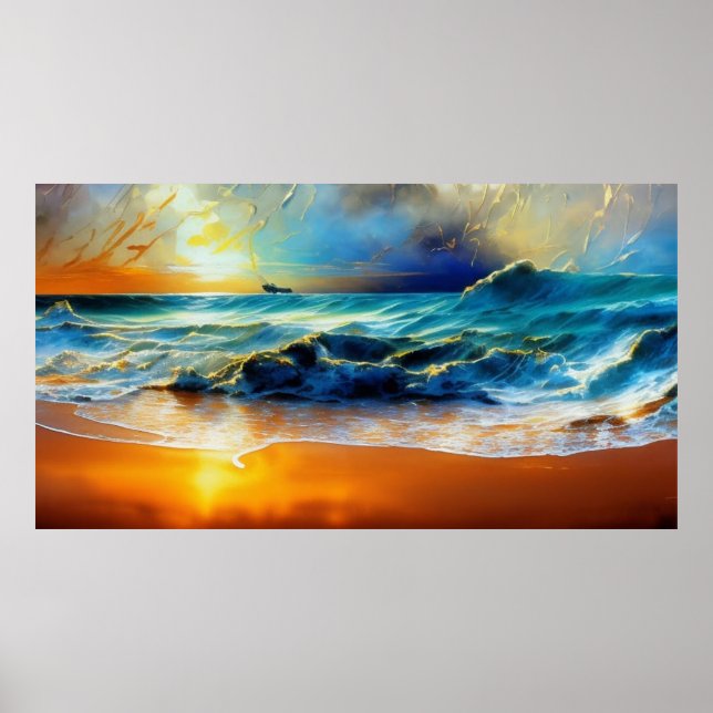 Póster Playa azul dorado océano hermoso (Frente)