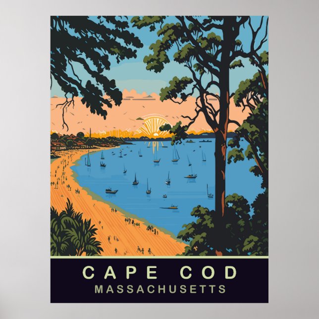 Póster Playa Cape Cod, Massachusetts, Viajes Antiguos (Frente)
