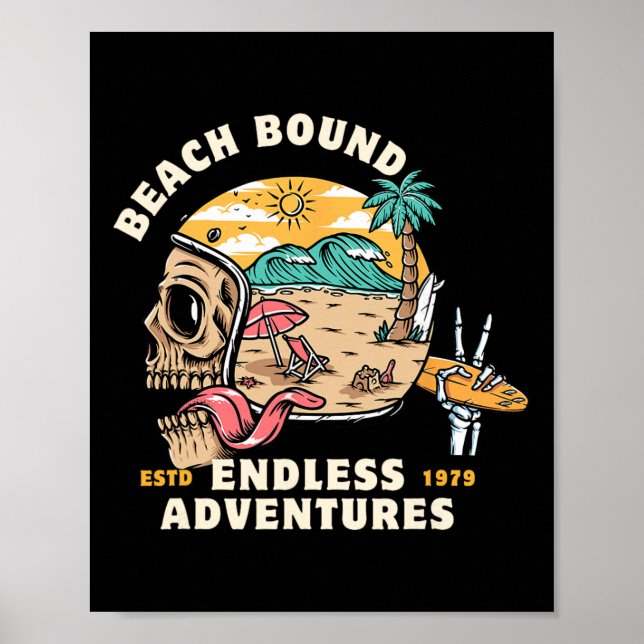 Póster Playa, Casco de cráneo atado Surfing Esqueleto Ave (Frente)